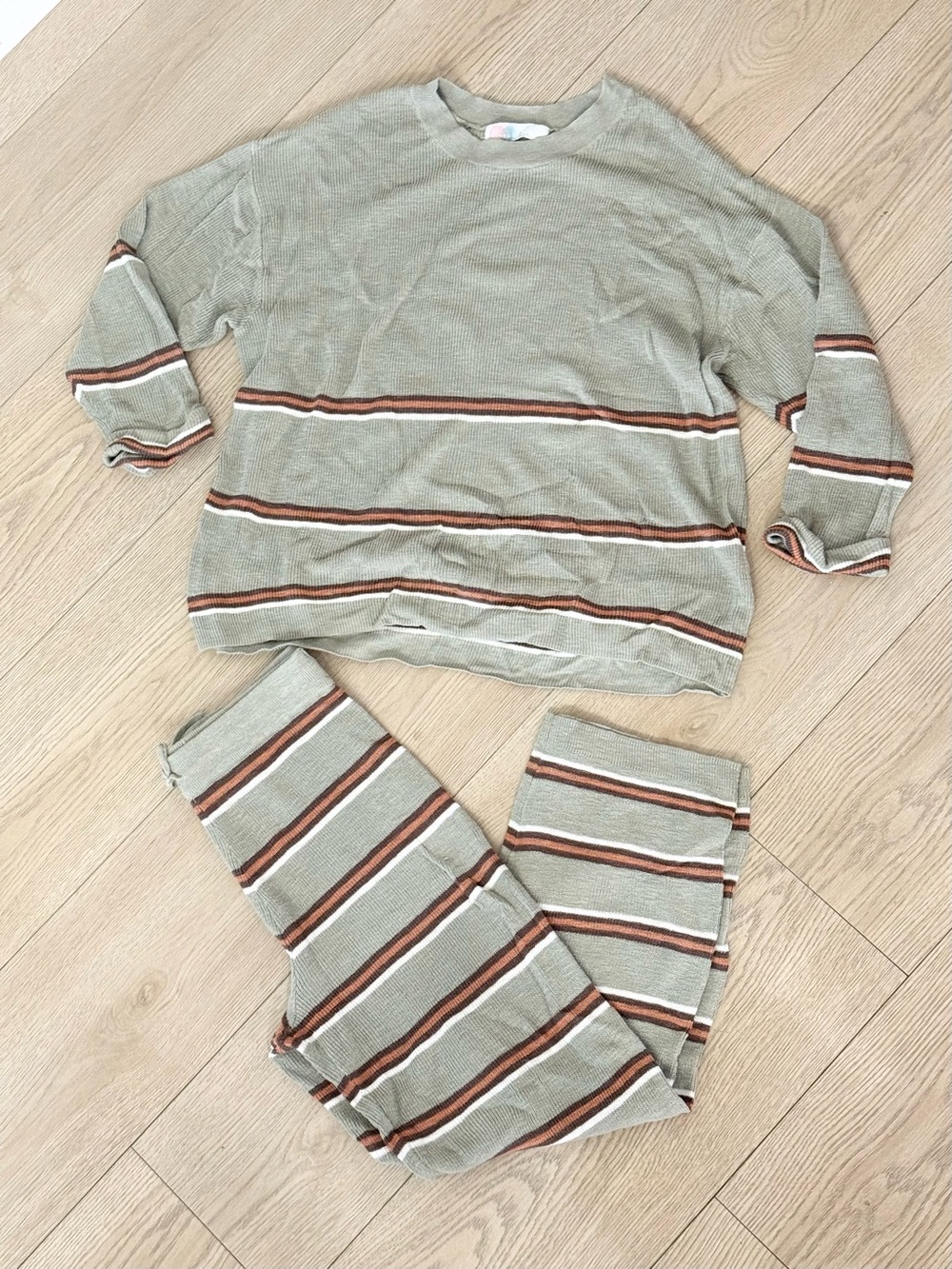 Free people mariner sweater knit pant set Sage Green and Brown stripe large